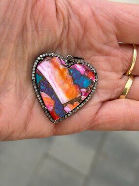 Gorgeous copper turquoise heart pendant in sterling silver with pave diamonds